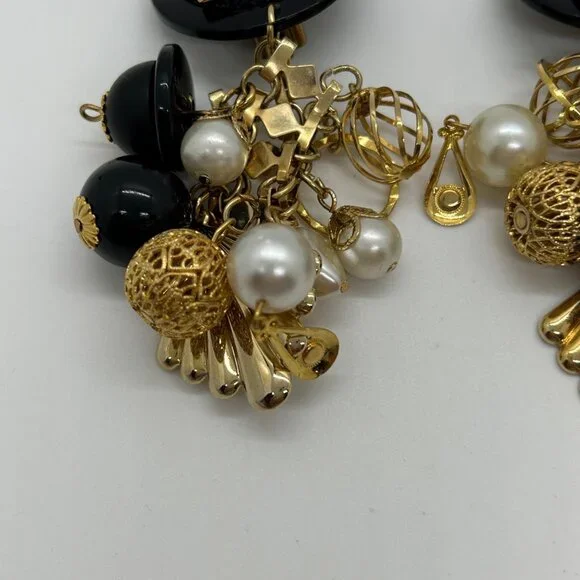 Vintage Gold Black Dangle Earrings Faux Pearl Geometric Retro Runway Chandelier - Picture 14 of 16